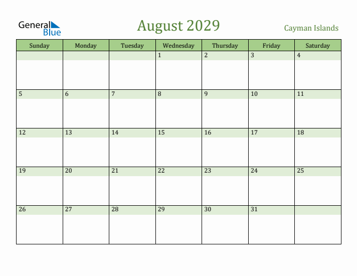 August 2029 Calendar with Cayman Islands Holidays