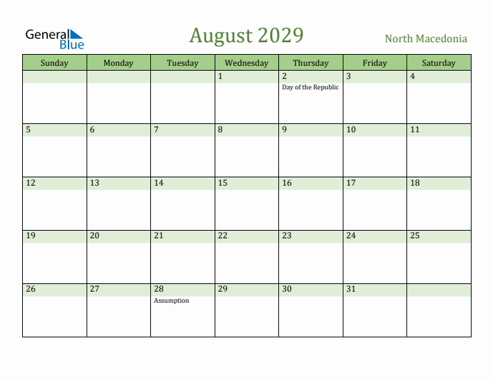 August 2029 Calendar with North Macedonia Holidays