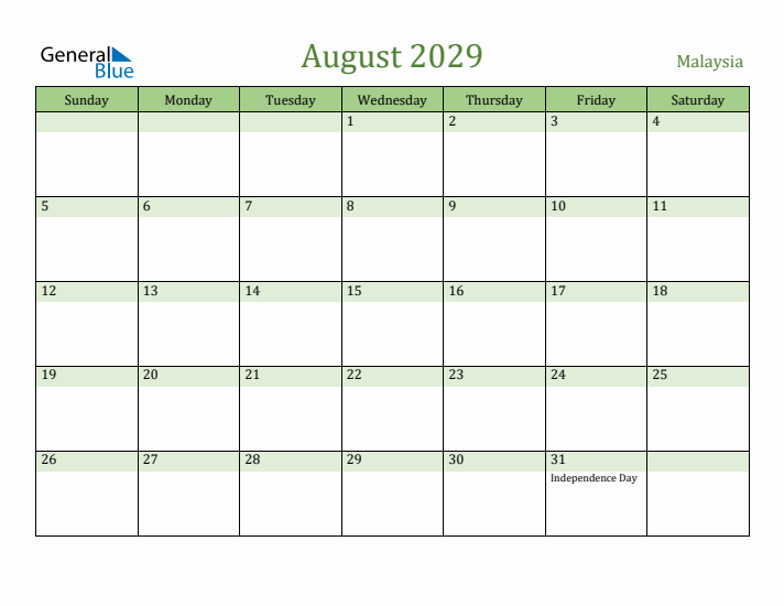 August 2029 Calendar with Malaysia Holidays