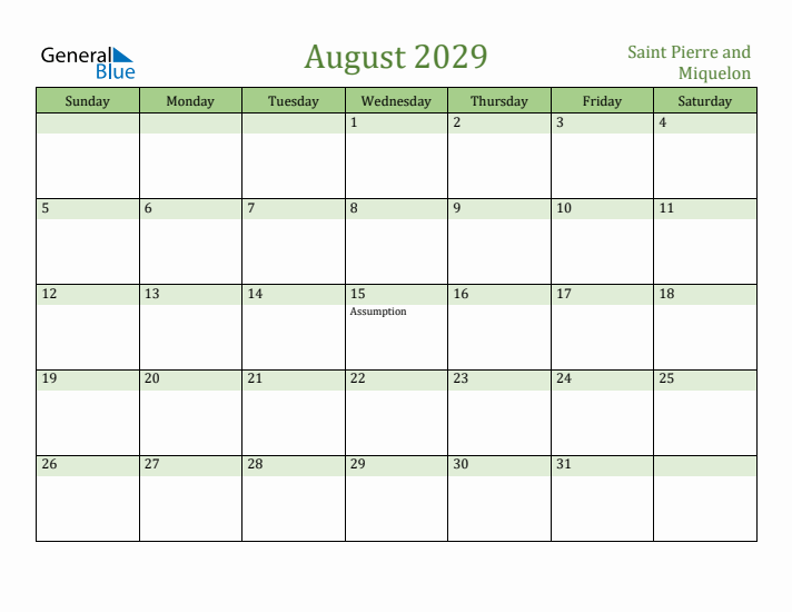 August 2029 Calendar with Saint Pierre and Miquelon Holidays