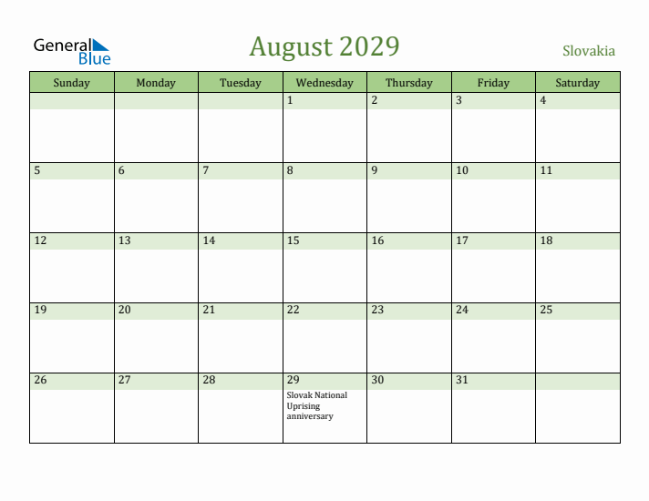 August 2029 Calendar with Slovakia Holidays