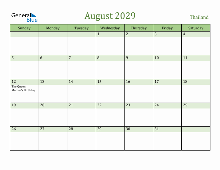 August 2029 Calendar with Thailand Holidays