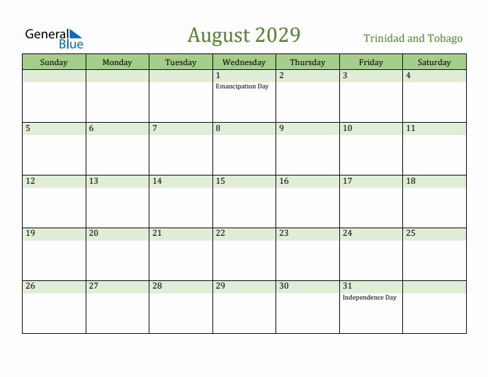 August 2029 Calendar with Trinidad and Tobago Holidays