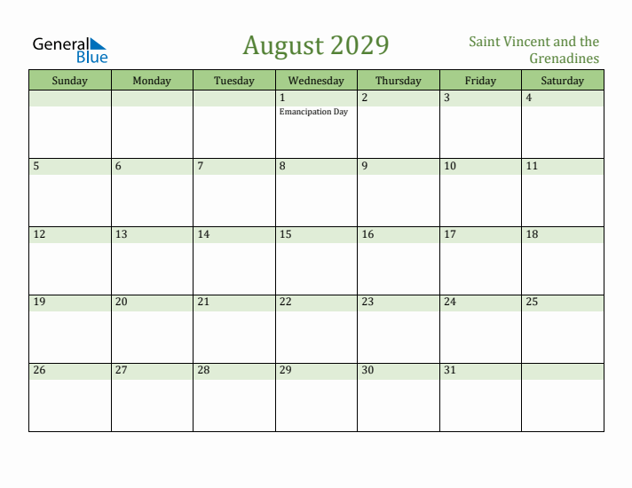 August 2029 Calendar with Saint Vincent and the Grenadines Holidays