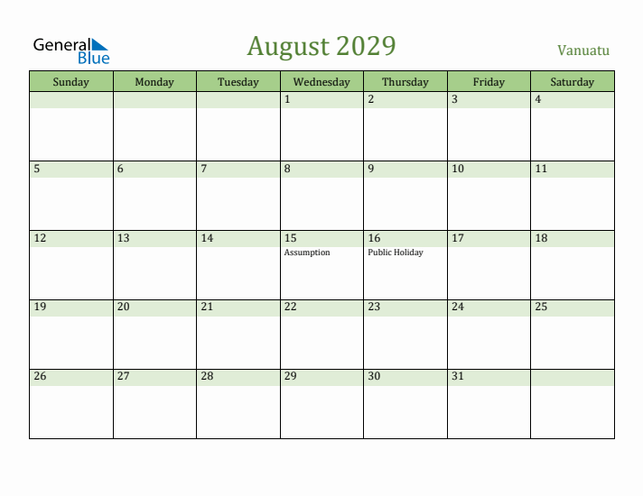 August 2029 Calendar with Vanuatu Holidays