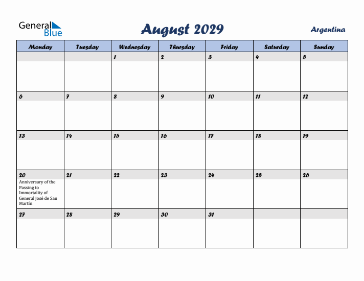 August 2029 Calendar with Holidays in Argentina