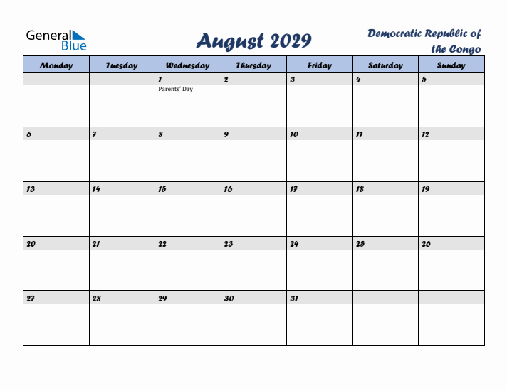 August 2029 Calendar with Holidays in Democratic Republic of the Congo