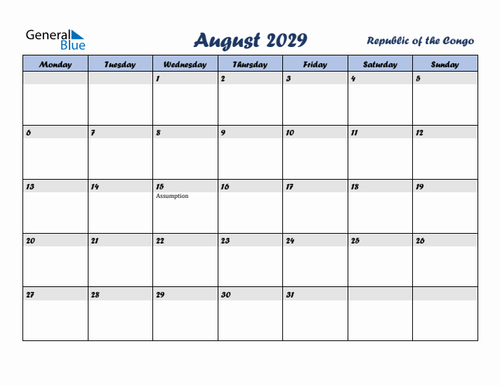 August 2029 Calendar with Holidays in Republic of the Congo