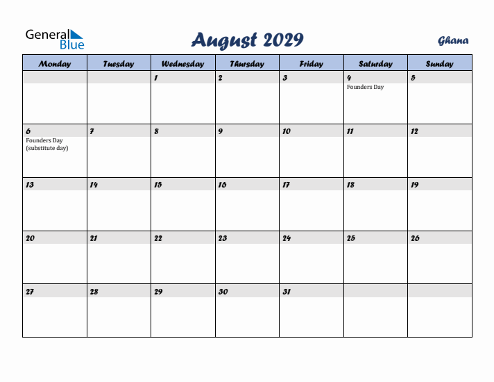August 2029 Calendar with Holidays in Ghana