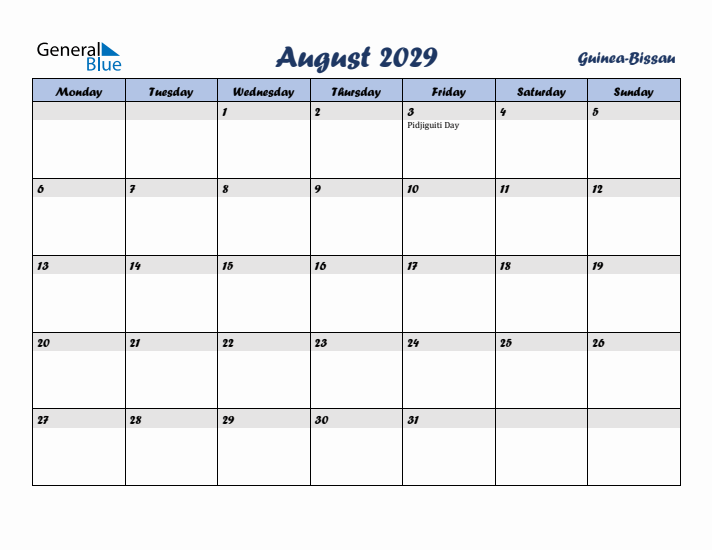 August 2029 Calendar with Holidays in Guinea-Bissau