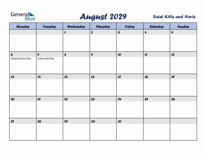 August 2029 Calendar with Holidays in Saint Kitts and Nevis