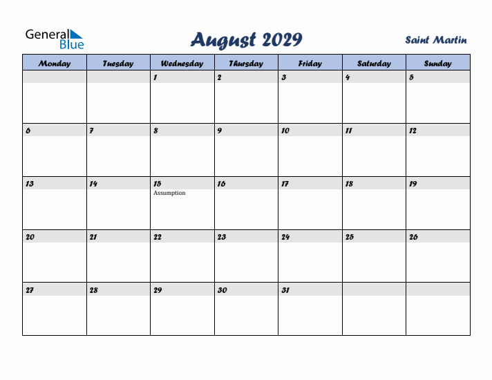 August 2029 Calendar with Holidays in Saint Martin
