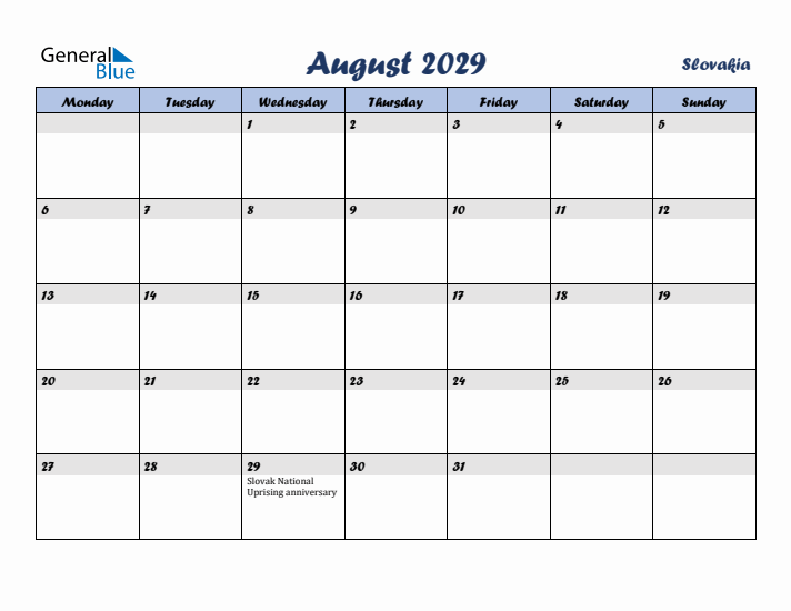 August 2029 Calendar with Holidays in Slovakia
