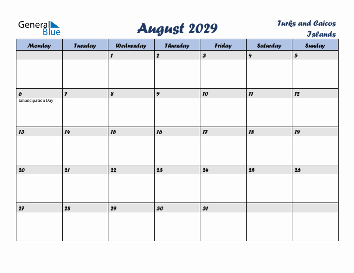 August 2029 Calendar with Holidays in Turks and Caicos Islands