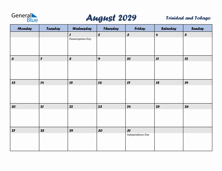 August 2029 Calendar with Holidays in Trinidad and Tobago