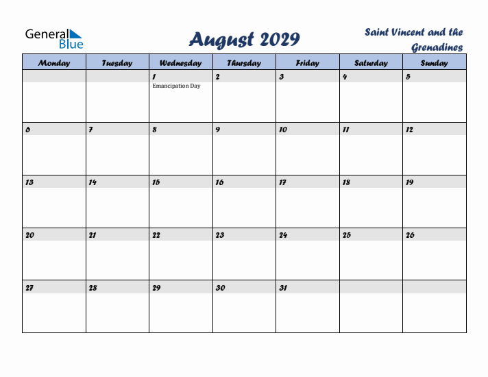 August 2029 Calendar with Holidays in Saint Vincent and the Grenadines