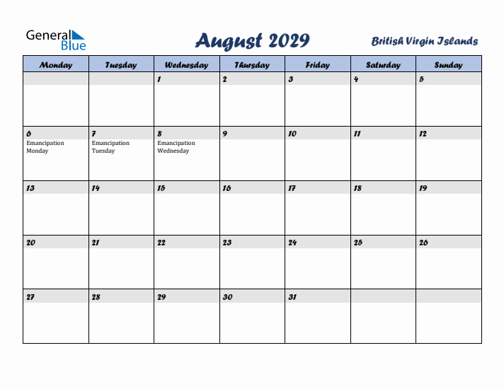 August 2029 Calendar with Holidays in British Virgin Islands