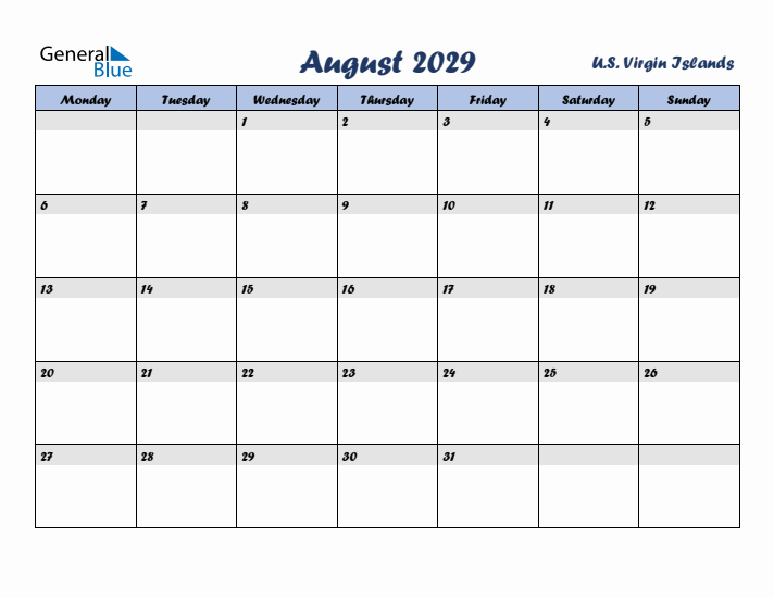 August 2029 Calendar with Holidays in U.S. Virgin Islands