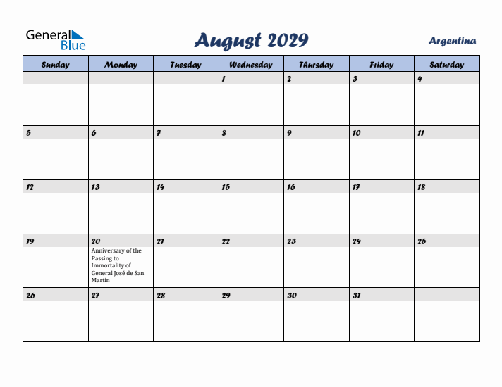 August 2029 Calendar with Holidays in Argentina