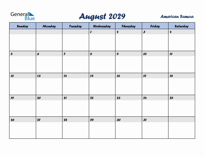 August 2029 Calendar with Holidays in American Samoa