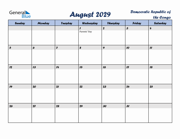 August 2029 Calendar with Holidays in Democratic Republic of the Congo