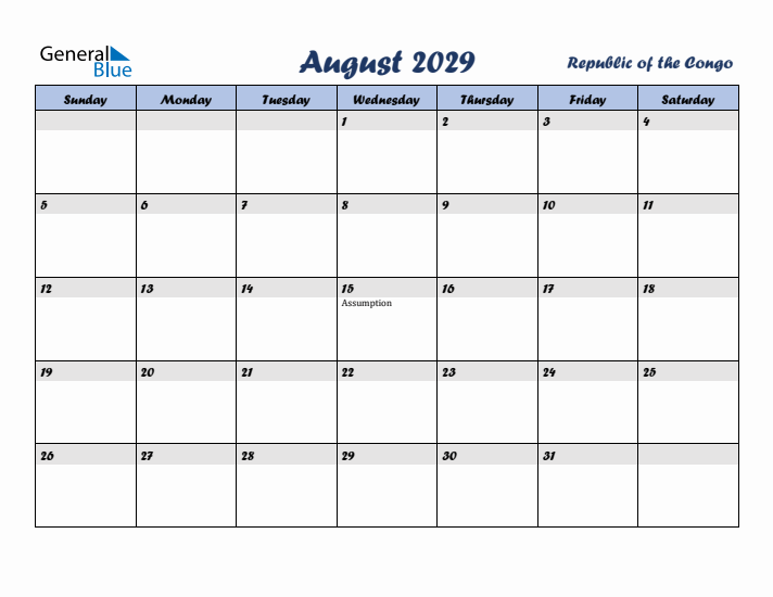 August 2029 Calendar with Holidays in Republic of the Congo