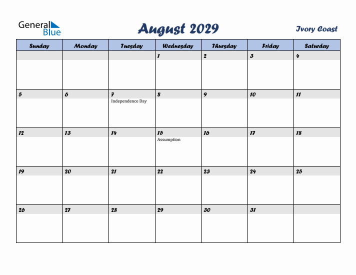 August 2029 Calendar with Holidays in Ivory Coast