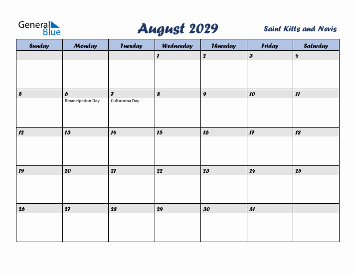 August 2029 Calendar with Holidays in Saint Kitts and Nevis