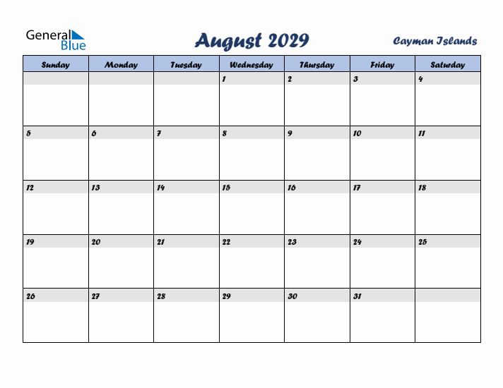 August 2029 Calendar with Holidays in Cayman Islands