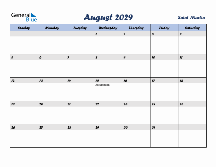 August 2029 Calendar with Holidays in Saint Martin