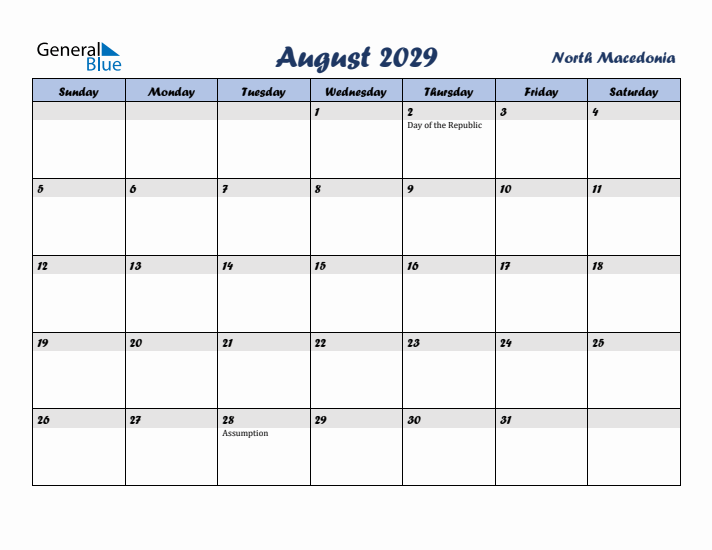 August 2029 Calendar with Holidays in North Macedonia
