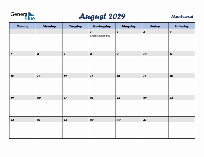 August 2029 Calendar with Holidays in Montserrat