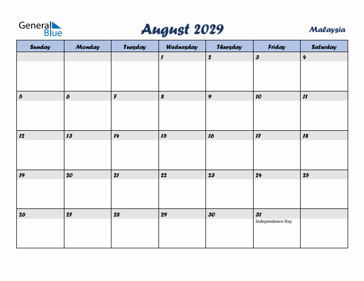 August 2029 Calendar with Holidays in Malaysia