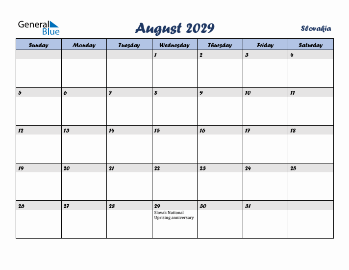 August 2029 Calendar with Holidays in Slovakia