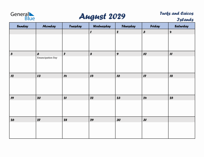 August 2029 Calendar with Holidays in Turks and Caicos Islands
