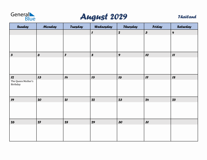 August 2029 Calendar with Holidays in Thailand