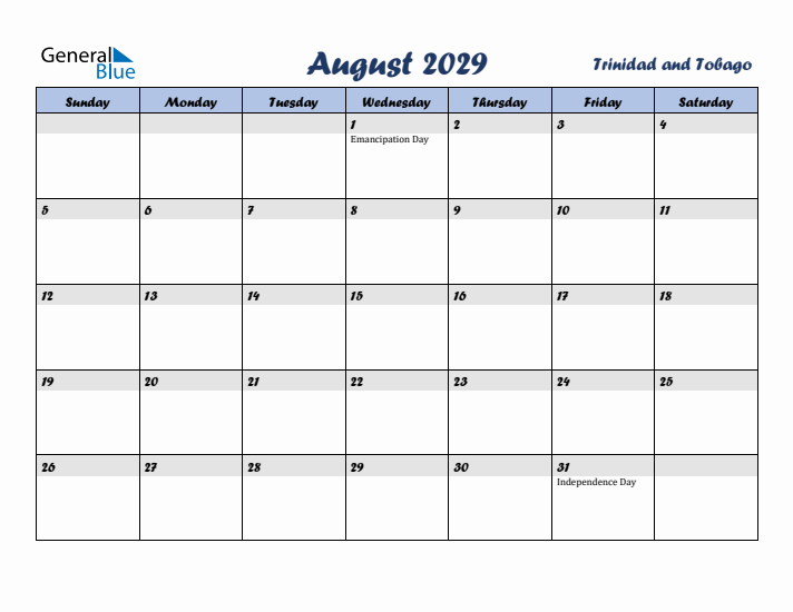 August 2029 Calendar with Holidays in Trinidad and Tobago