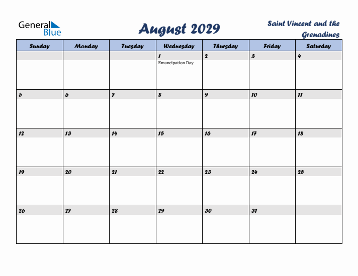 August 2029 Calendar with Holidays in Saint Vincent and the Grenadines