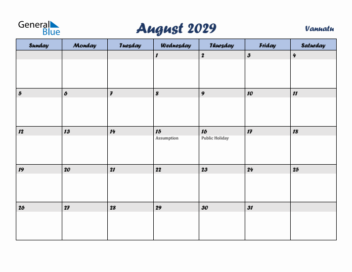 August 2029 Calendar with Holidays in Vanuatu