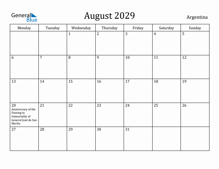 August 2029 Calendar Argentina