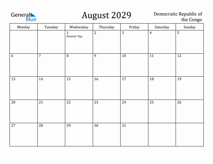 August 2029 Calendar Democratic Republic of the Congo