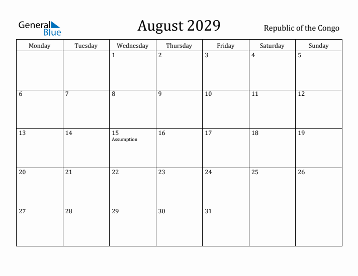 August 2029 Calendar Republic of the Congo