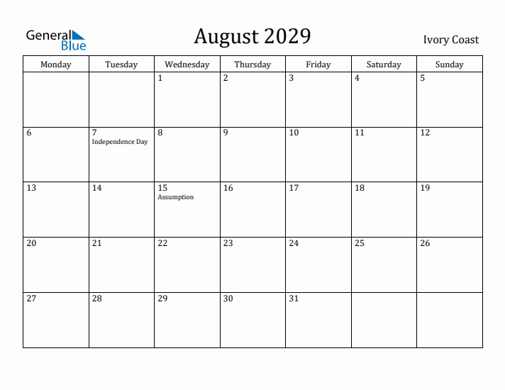 August 2029 Calendar Ivory Coast