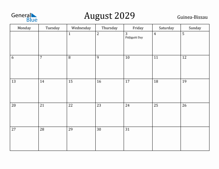 August 2029 Calendar Guinea-Bissau