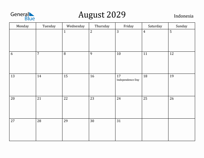 August 2029 Calendar Indonesia