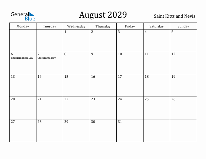 August 2029 Calendar Saint Kitts and Nevis