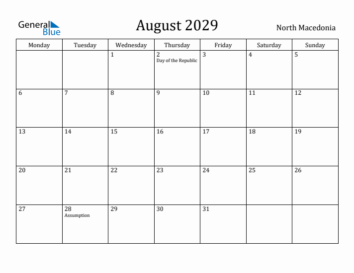 August 2029 Calendar North Macedonia