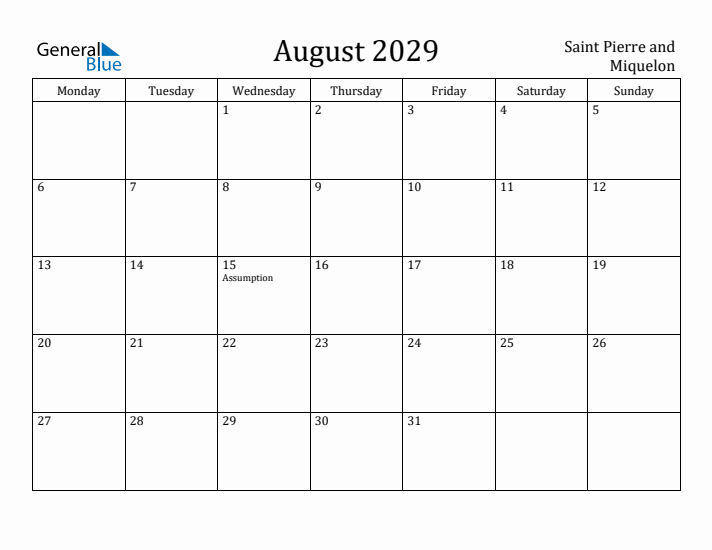 August 2029 Calendar Saint Pierre and Miquelon