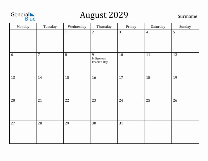 August 2029 Calendar Suriname