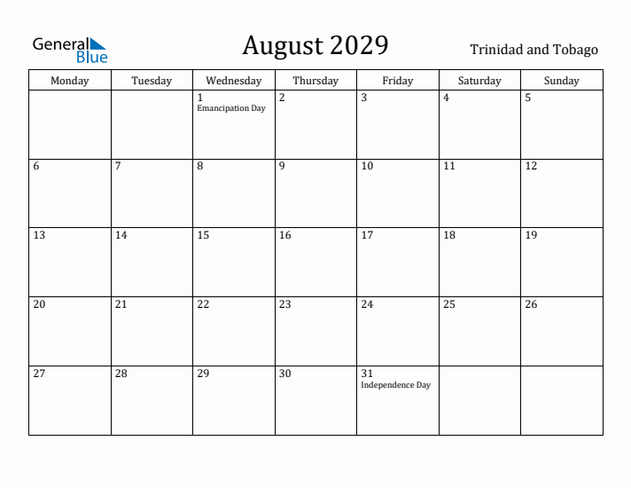 August 2029 Calendar Trinidad and Tobago